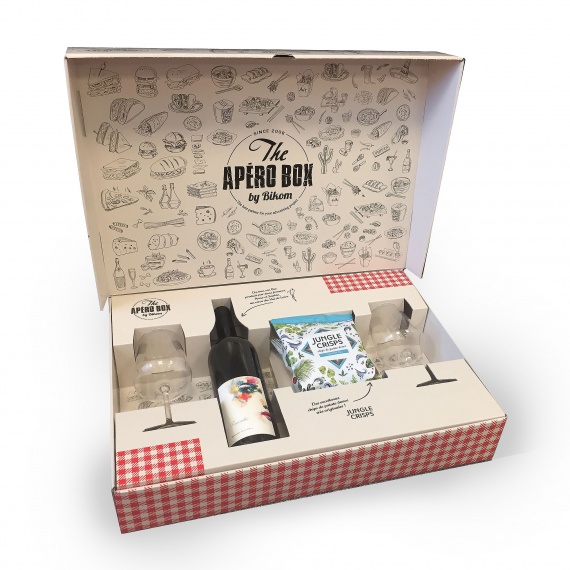 Box apéro personnalisable en carton avec vin et chips haut de gamme